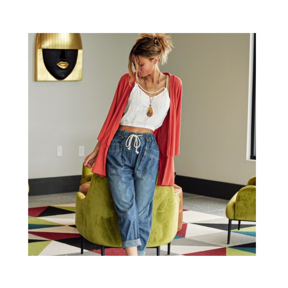 High Waist Denim Cargo Pants with Drawstring Elasticized Waistline